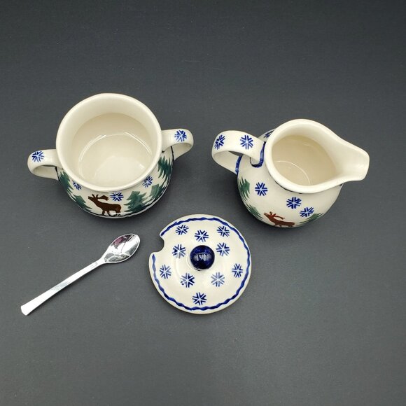 Polish Pottery Reindeer Pine Creamer & Sugar Bowl Winter Moose Creamer Set - Picture 3 of 15